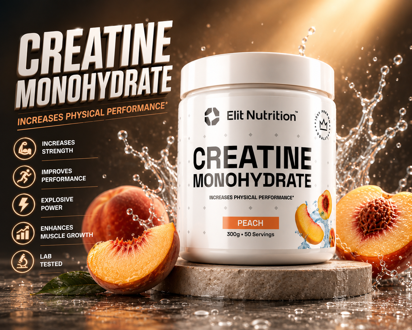 Kreatin monohydrat, ELIT - 100% Pure, 300g - Peach