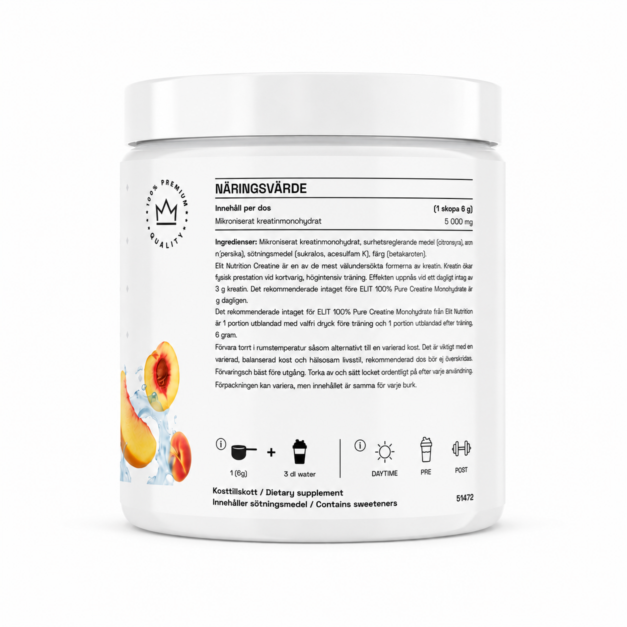 Kreatin monohydrat, ELIT - 100% Pure, 300g - Peach